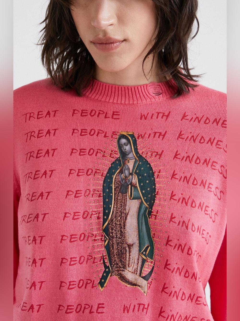 Desigual Guadalupe Jumper Pink Distressed Crewneck Sweater XL Long Sleeve NEW